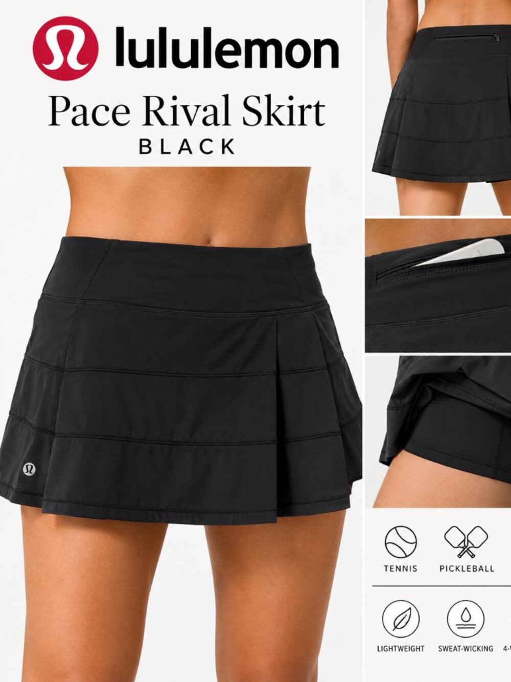 lululemon Pace Rival Tennis Skirt – Black – Size 10
